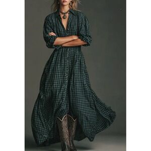 Modesees Women Green Plaid Long Sleeve Shirt Maxi Dress‎ MDA1241H2Y XS NWT